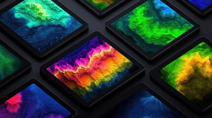 Vibrant Abstract Designs on Digital Screens with Flowing Colorful Patterns and Textures