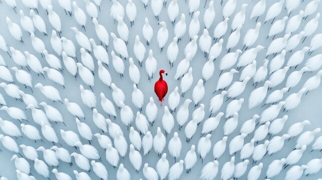 Standout Red Flamingo Amongst a Flock of White Birds - Contrast Concept