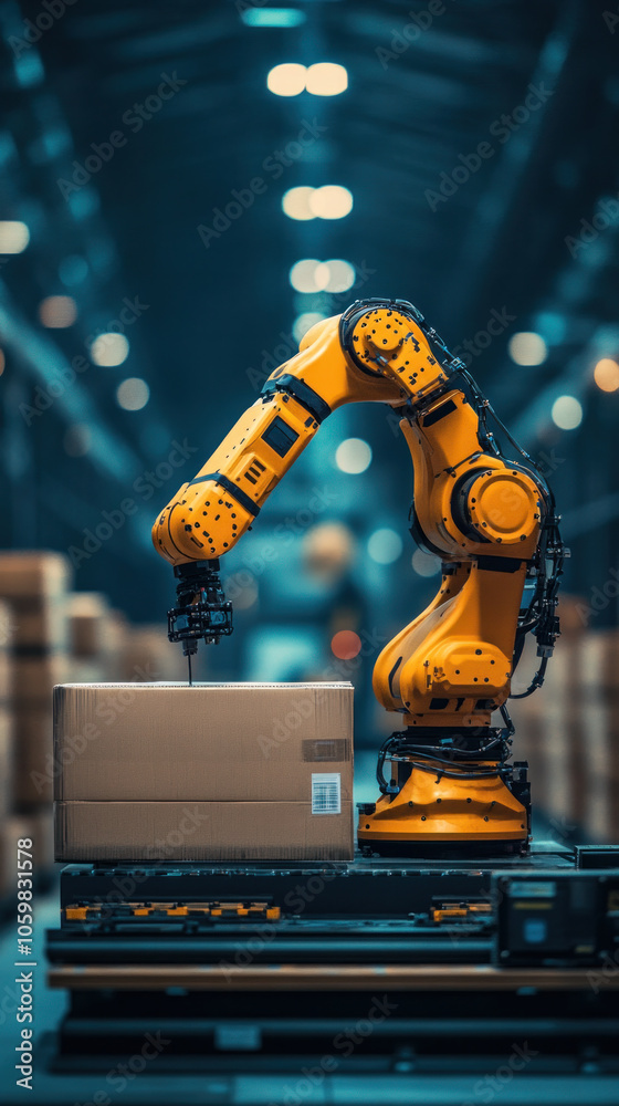 Poster a robot is working on a box in a warehouse. the robot is yellow and has a box in front of it