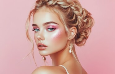 Naklejka premium Young blonde woman with braided hair and glossy lips stands against a pastel pink background, exuding an ultra feminine, doll like elegance.