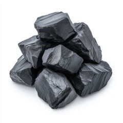 A pile of black rocks on a white background. The rocks are piled on top of each other, creating a sense of height and weight. The image conveys a feeling of strength and solidity