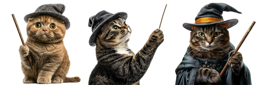 A cat wearing a wizard hat holding a wand isolated on white and transparent background