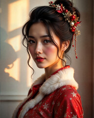 Elegant Woman in Holiday Attire with Decorative Hairpiece - Themed Portrait
