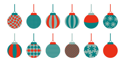Geometric Christmas balls ornament clipart collection in flat style. Perfect for banner, flyer, label, postcard, sale, stickers. Isolated vector illustration.