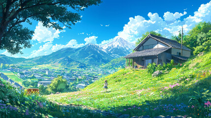 Fototapeta premium 山間の美しい自然とと花畑の風景