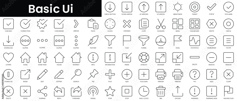 Poster set of outline basic ui icons. minimalist thin linear web icon set. vector illustration.