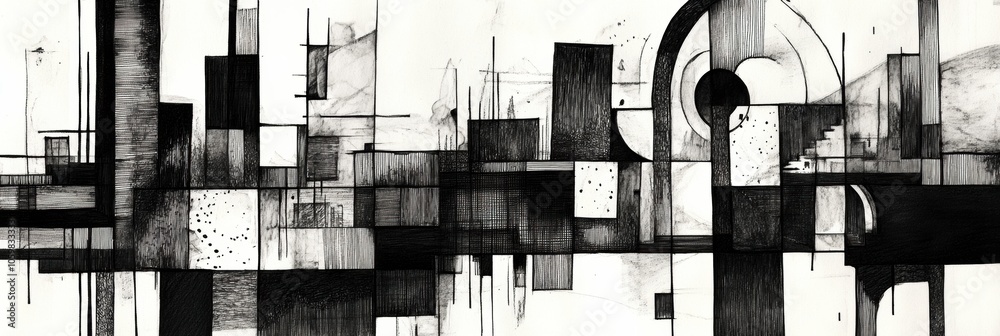 Aufkleber the artwork portrays an intricate urban landscape composed of various geometric forms and bold lines
