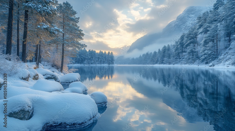 Poster The stillness of winter embraces the lake as soft clouds hover above. Frosty trees line the shore, reflecting beautifully on the water's surface, creating a peaceful atmosphere.