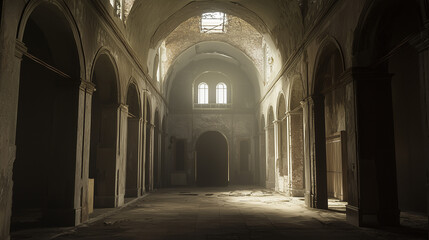 Fototapeta premium Sunlight streaming through the arched windows of an abandoned, decaying church interior, casting shadows