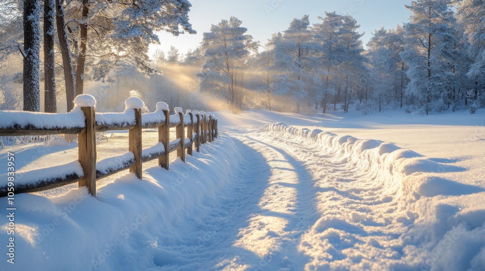 Poster a tranquil winter scene features a snowy pathway bordered by a wooden fence, illuminated by the soft
