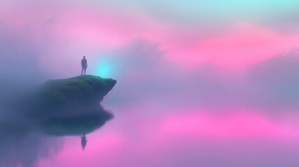 A person stands on a rock overlooking a body of water. The water is calm and the sky is a beautiful shade of pink. The scene is serene and peaceful, with the person alone on the rock