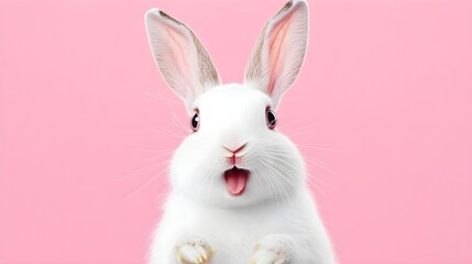 Obraz premium Portrait of a white cute rabbit with surprised expression on a pink background,surprised looking rabbit