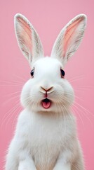 Obraz premium Portrait of a white cute rabbit with surprised expression on a pink background,surprised looking rabbit