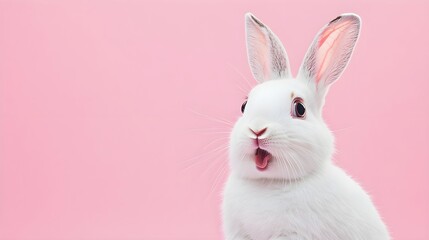 Obraz premium Portrait of a white cute rabbit with surprised expression on a pink background,surprised looking rabbit