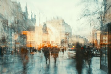 A vibrant, abstract city street filled with people walking amidst lively blurred architecture during twilight hours