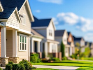 A picturesque suburban neighborhood featuring rows of charming houses amidst vivid green lawns and a clear blue sky.