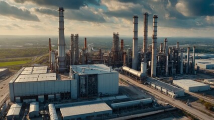 Obraz premium Oil refinery plant emitting smoke and steam at sunset, industrial pollution concept