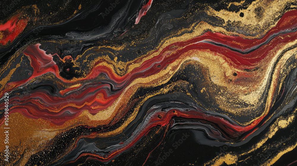 Wall mural black red and gold marble abstract background. decorative acrylic paint pouring rock marble texture.