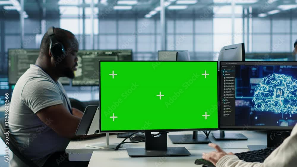 Poster it support workers in ai data center coding on green screen computers, upgrading equipment. multieth