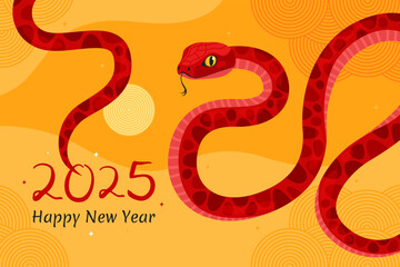 Obraz premium Happy 2025 New Year of the Snake, Lunar New Year or Chinese New Year. Red curved snake and full moon on a yellow background. Greeting card or banner. Zodiac animal cartoon character.