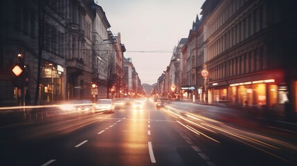 Urban Night Scene with Motion Blur and Street Lights