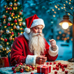 Traditional Santa Claus Preparing Holiday Decorations