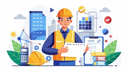Fototapeta premium Construction estimators analyze blueprints and specifications to calculate material and labor costs.