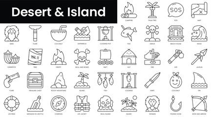 Fototapeta premium Set of outline desert island icons. Minimalist thin linear web icon set. vector illustration.