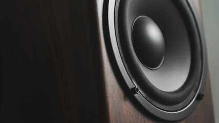 Closeup bookshelf monitor speaker with subwoofer dome and tweeter on a computer table desk. Music production, sound production, and audiophile concept.