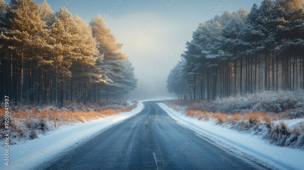 Aufkleber a tranquil winter scene showcases a winding road blanketed in fresh snow, bordered by tall pine tree