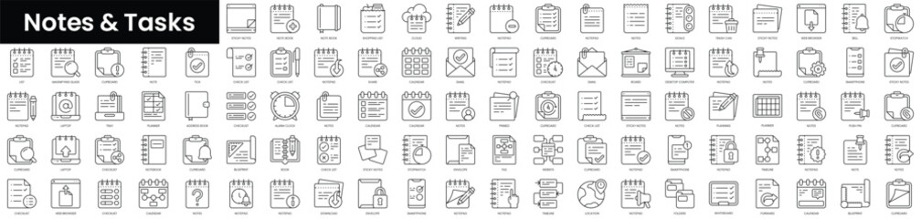 Set of outline notes and tasks icons. Minimalist thin linear web icon set. vector illustration.