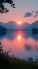 Naklejka premium Serene sunset over a tranquil lake surrounded by mountains, reflecting vibrant colors.