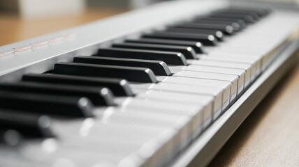 Closeups of a piano, midi controller, or keyboard on a wooden table. Home studio or music equipment concept.