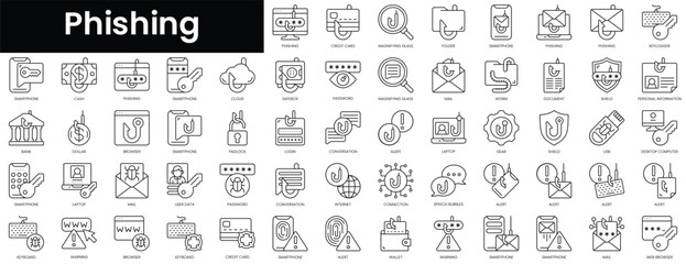Set of outline phishing icons. Minimalist thin linear web icon set. vector illustration.