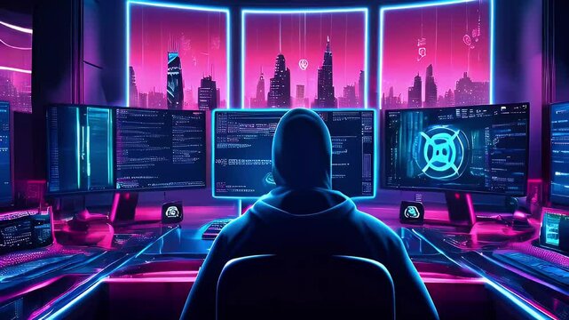 Hacker working on computer in a dark room with neon lights.