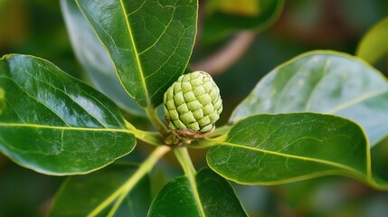 A close-up view of a tree bud, delicately emerging from the branch, symbolizing new life and growth. The bud is soft, with fresh green leaves starting to unfurl, revealing the promise of spring.
