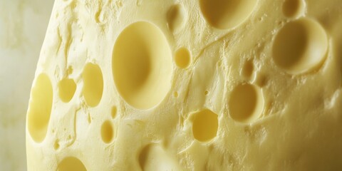 Freshly crafted yellow cheese showcasing a unique texture with large holes ideal for culinary presentation and gourmet dishes