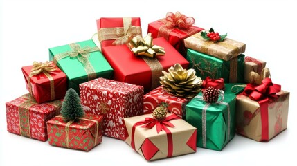 Stack of gifts wrapped in colorful paper and ribbons, ready for celebration or special occasion.