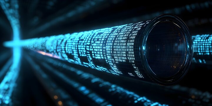 A long digital pipeline shaped by vibrant glowing blue matrix binary code. isolated on black background