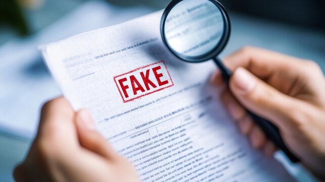 A person examines a document with a red FAKE stamp using a magnifying glass for fraud detection in a close-up view