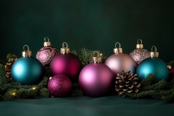 Obraz premium Festive Christmas balls nestled among lush green fir branches, capturing holiday spirit and winter charm.