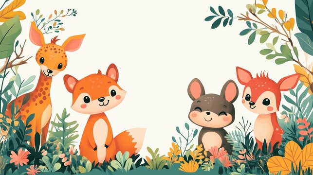 Cute Woodland Animals in a Vibrant Forest Setting with Lush Greenery and Colorful Foliage - Perfect for Children's Books and Educational Materials