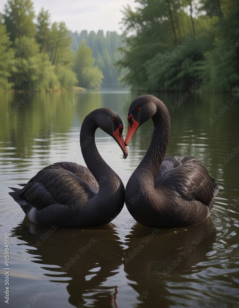 Wall mural there are two swans that are swimming in the water together.