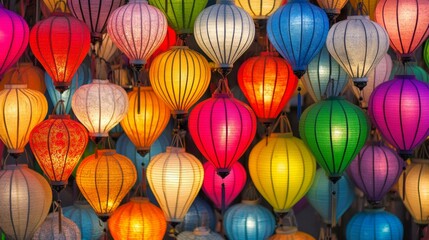 Obraz premium Colorful lanterns hanging in room, creating warm glow with intricate patterns and vibrant hues.