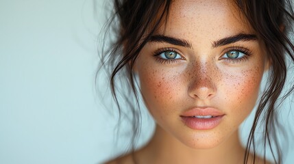 Fototapeta premium Woman with freckles, clear background