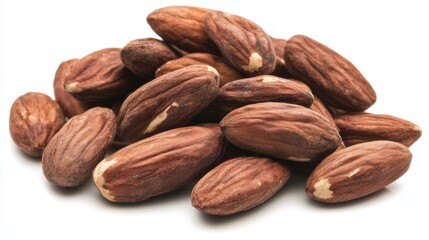 Obraz premium Pile of almonds on white surface, showcasing natural texture and color contrast, emphasizing simplicity.