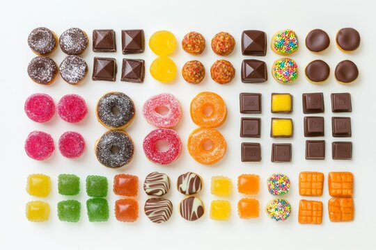 A colorful assortment of sweets, candies, and desserts arranged on a white background for a delightful treat experience