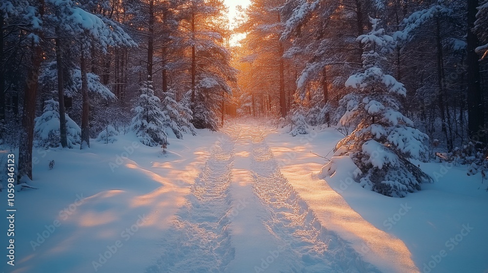 Poster a tranquil winter landscape features a snow-covered trail winding through the trees, with warm sunli