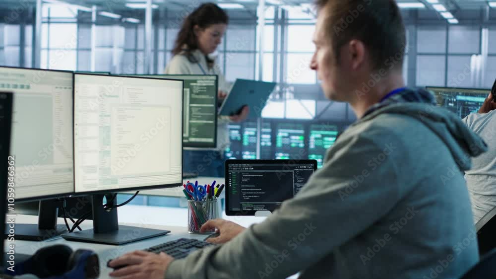 Aufkleber engineer starting job shift in server hub used for processing vast amounts of data. it programmer ar