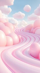 Pink clouds in the sky with a pink line in the middle. The pink line is a path that is curved and has pink balls on it